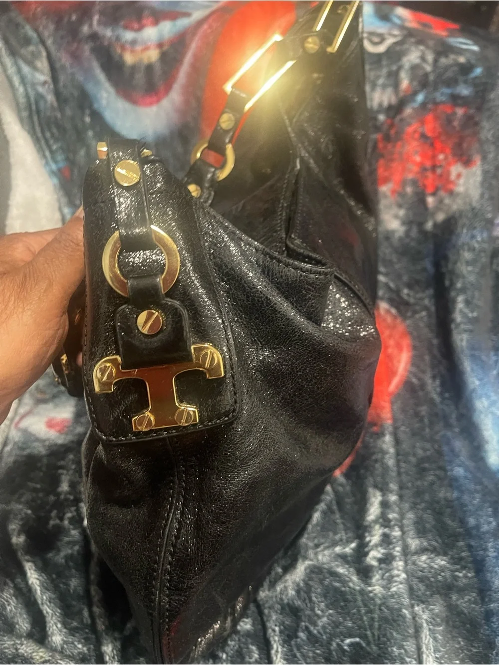 Tory Burch Nico Black Cracked Leather Hobo Bag with Gold Logo & Hardware